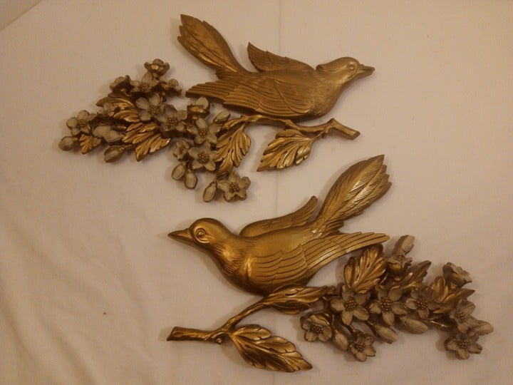 Vintage Pair of Syroco Gold Birds Dogwood Floral Branches Wall Plaques 1960's