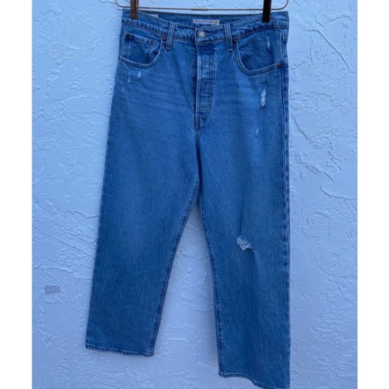 Levis Womens Ribcage Straight Ankle Denim Small Tattered Jeans Blue Sz 31