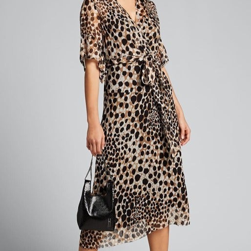 NWT 448 Elie Tahari Women's Brown Leopard V-Neck Ruffle Belted Silk Dress Sz 6