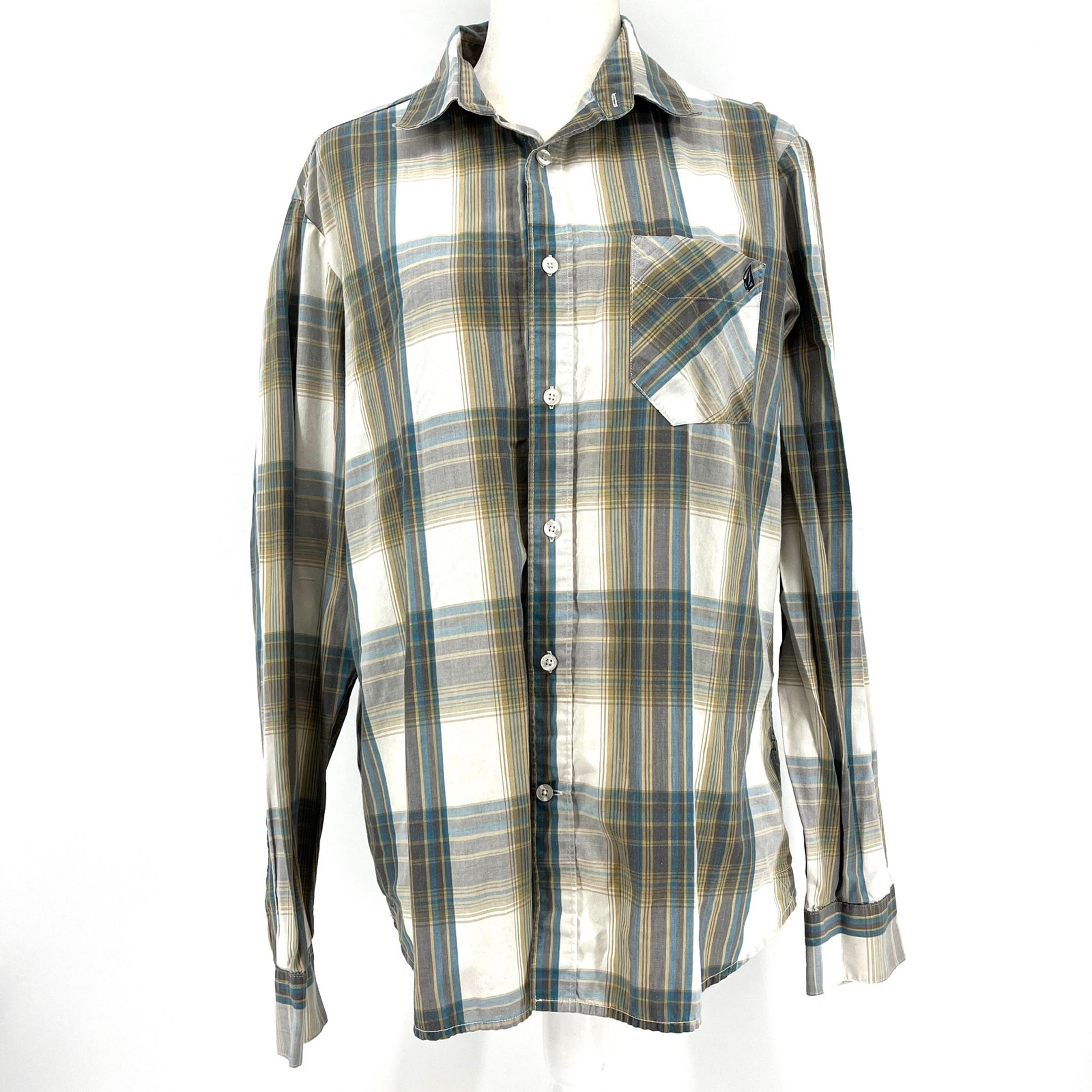 Volcom Men's Large Plaid Cotton Button-Up Shirt Blue Gray Cream Casual Western