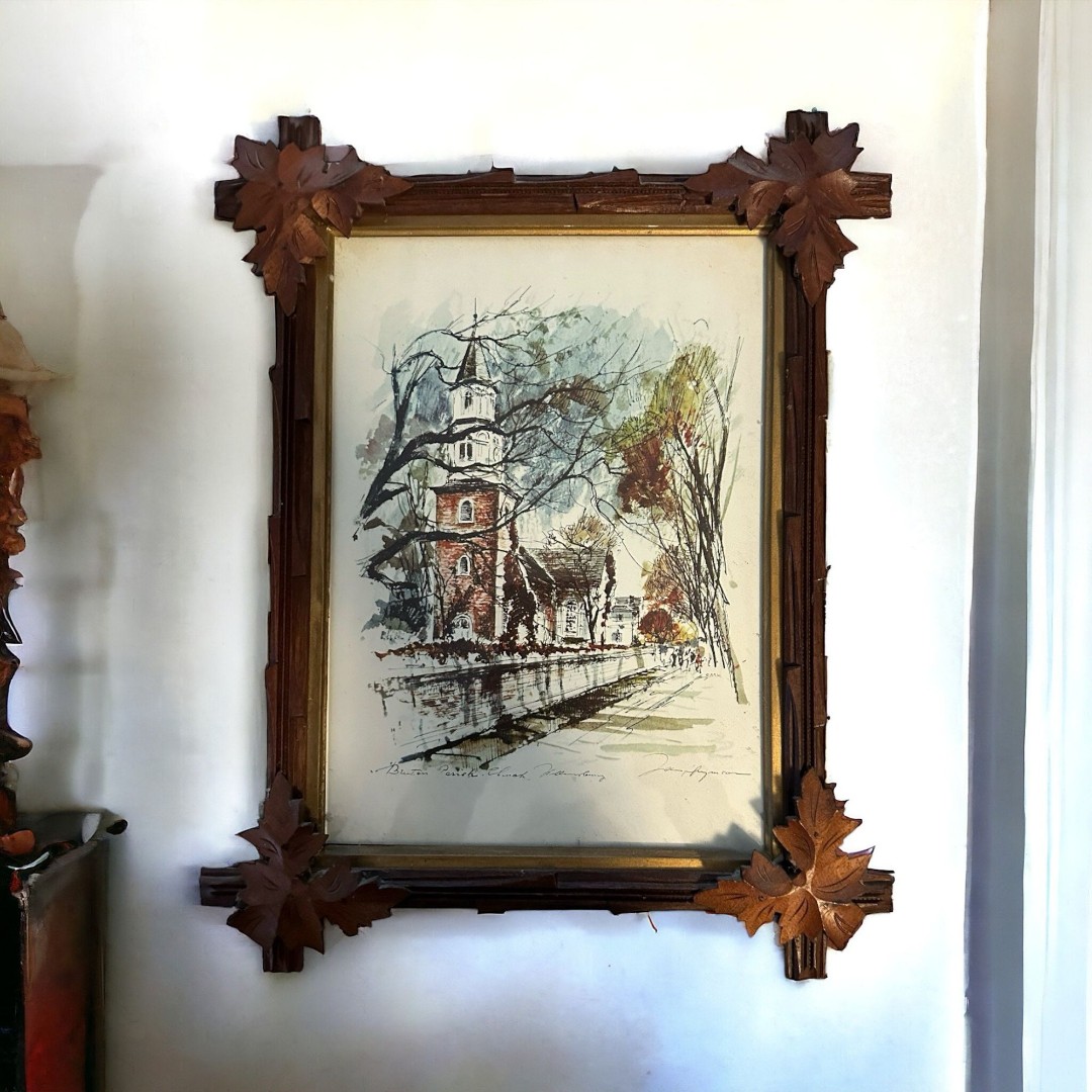 Vintage Framed Picture of Bruton Parish Church, John Haymson Watercolor
