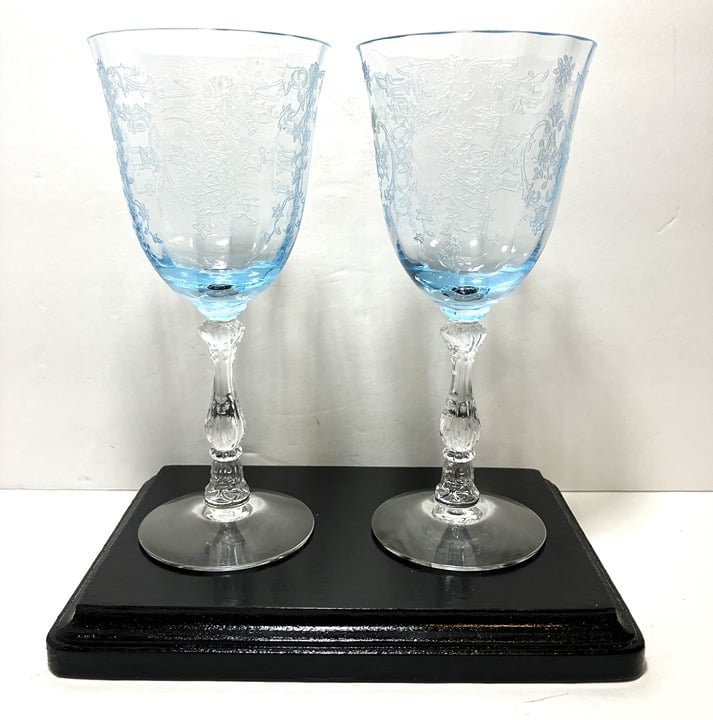 Pair of Vintage Fostoria Etched Blue Navarre Claret Wine Glasses 6 1/2 Tall