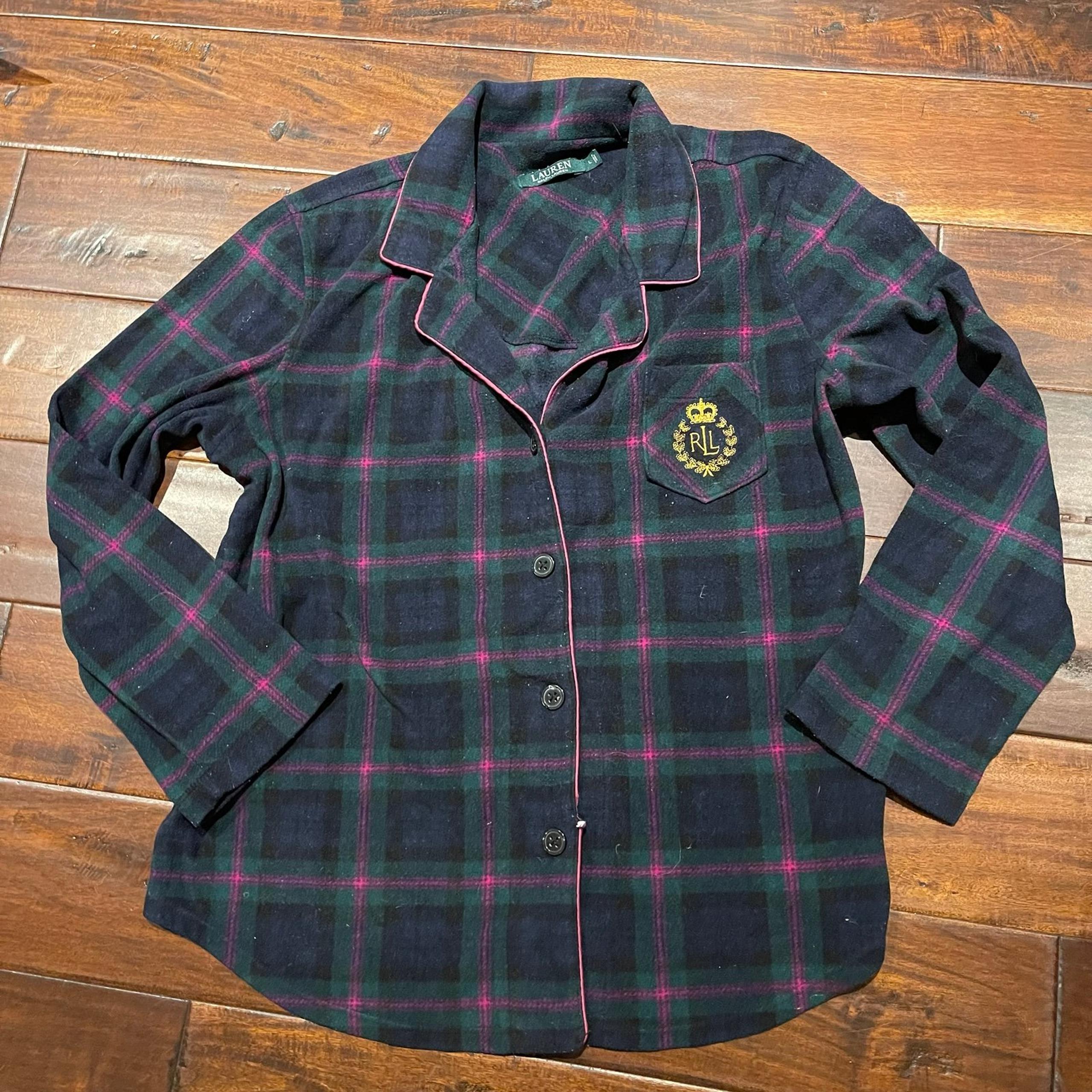 LAUREN Ralph Lauren Long Sleeve Flannel Notch Collar PJ Top