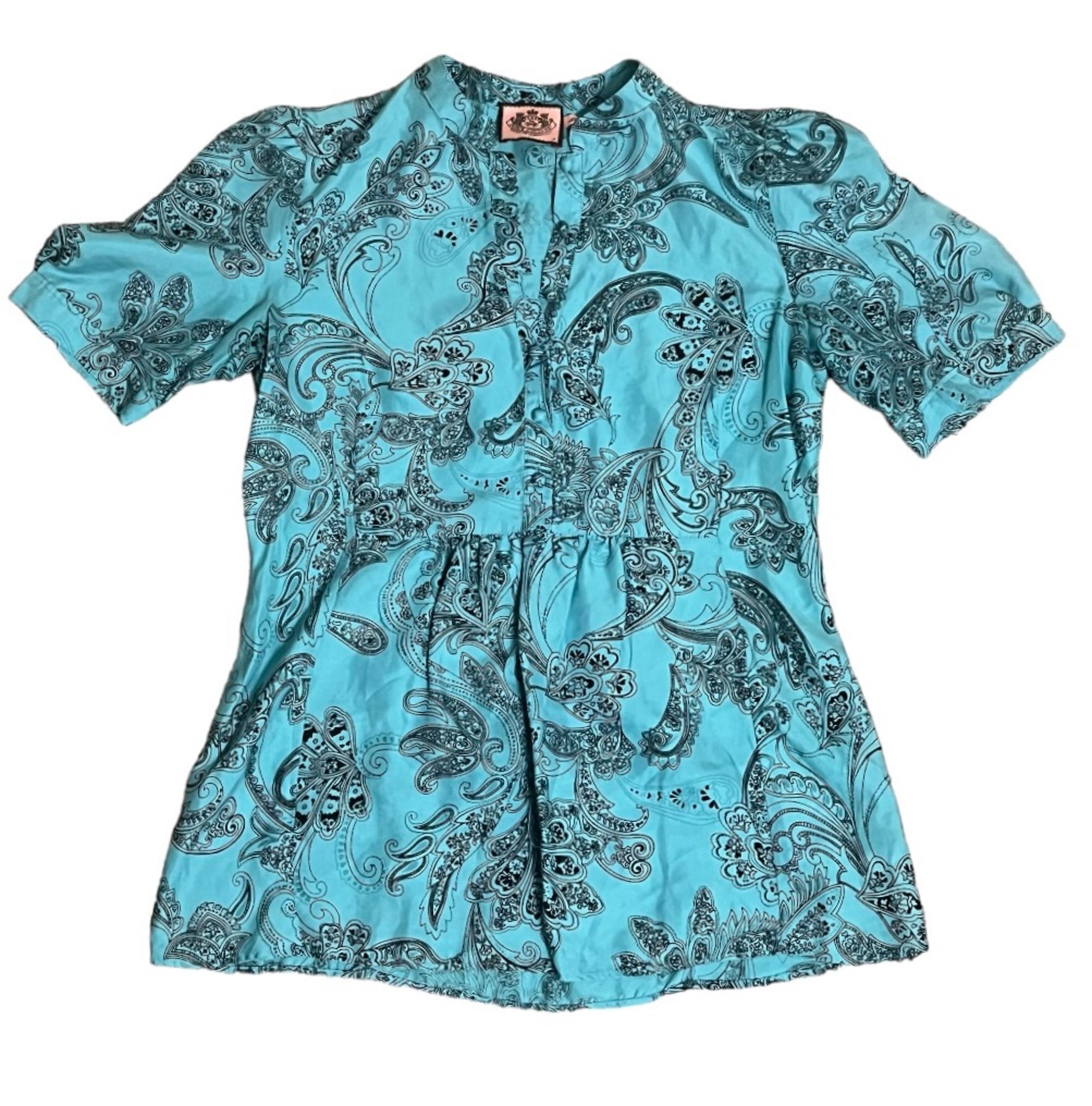 Juicy Couture Top Size 0 Blue Paisley Blouse Short Sleeve Silk Shirt