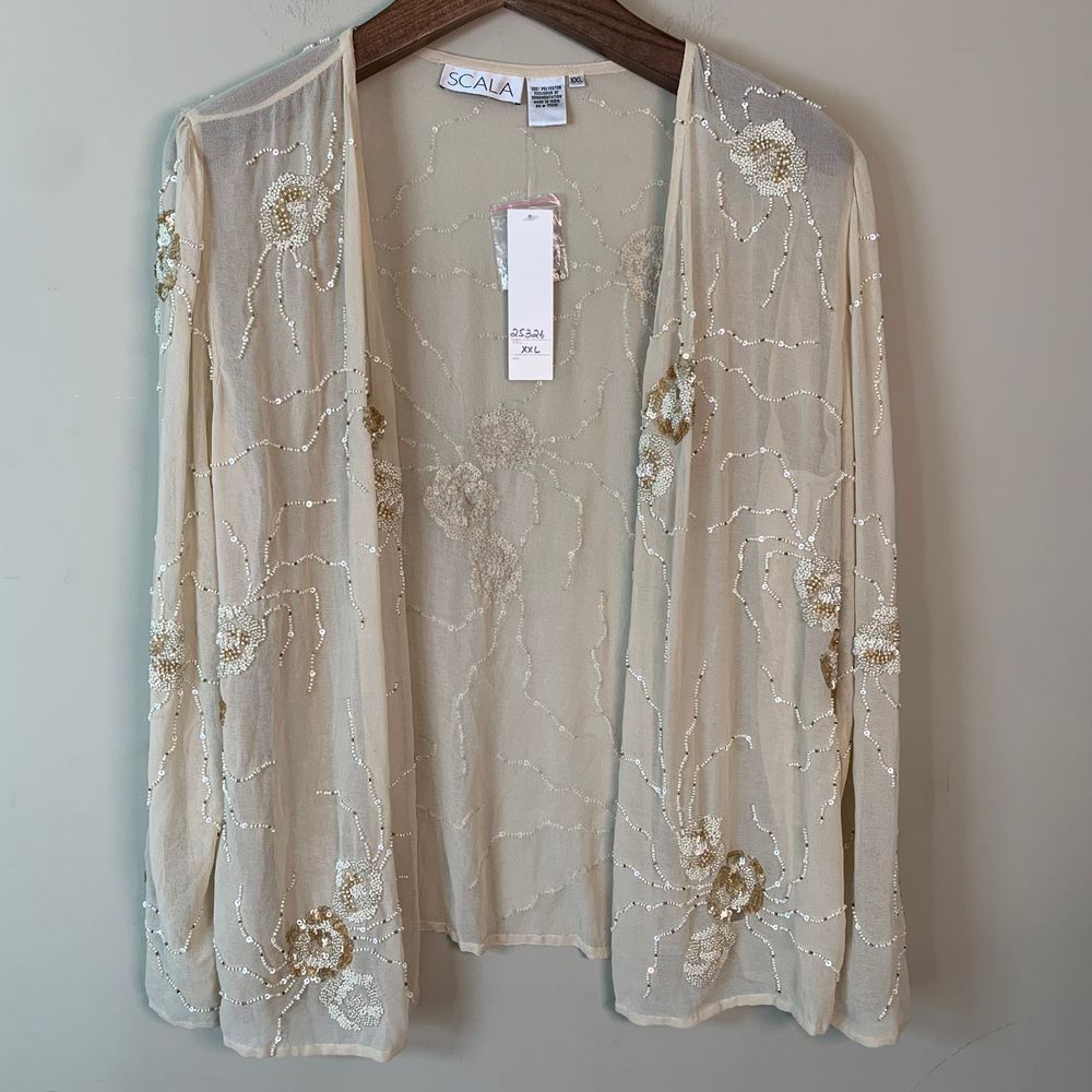 Scala NWT Sheer Floral Sequins/Beaded Beige Cardigan Size XXL