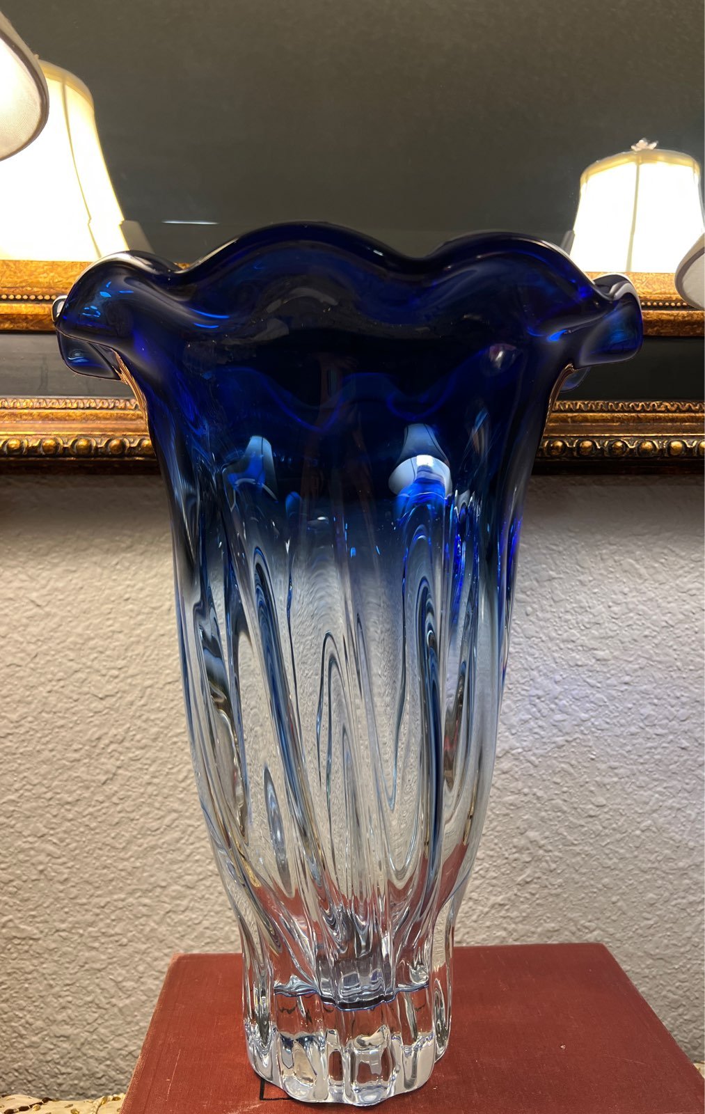Elegant Vase Cobalt to Clear Ribbed Glass with Scalloped Rim Very Heavy 14 Tall