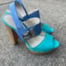 COACH Darcey Open Toe Platform Heels Women’s 6B Buckle Wood Heel Blue Leather