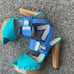 COACH Darcey Open Toe Platform Heels Women’s 6B Buckle Wood Heel Blue Leather