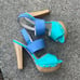 COACH Darcey Open Toe Platform Heels Women’s 6B Buckle Wood Heel Blue Leather