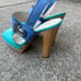 COACH Darcey Open Toe Platform Heels Women’s 6B Buckle Wood Heel Blue Leather