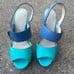 COACH Darcey Open Toe Platform Heels Women’s 6B Buckle Wood Heel Blue Leather