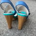 COACH Darcey Open Toe Platform Heels Women’s 6B Buckle Wood Heel Blue Leather
