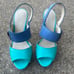 COACH Darcey Open Toe Platform Heels Women’s 6B Buckle Wood Heel Blue Leather