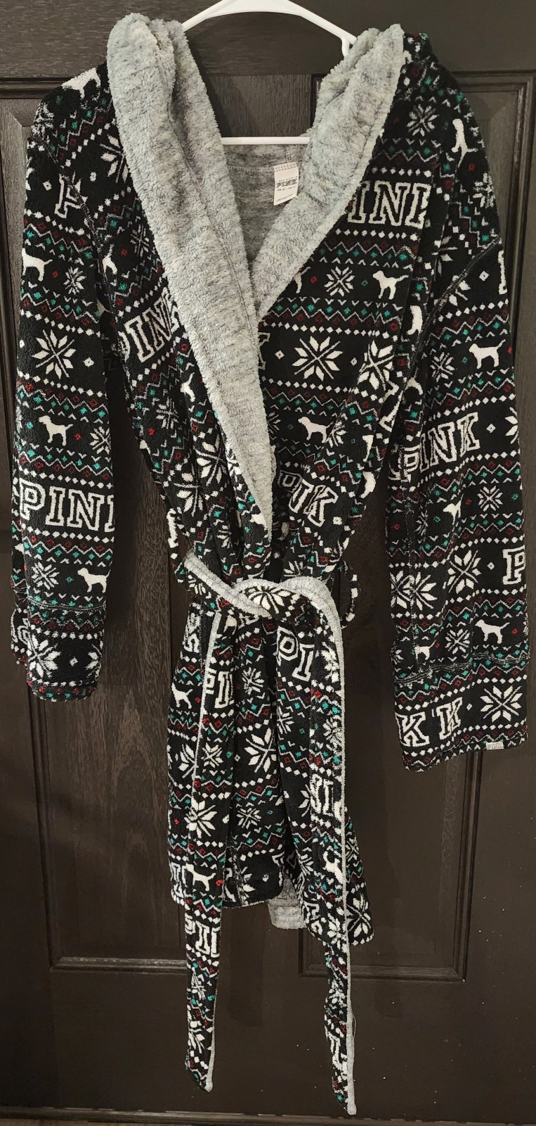 Victoria's Secret PINK Black White Red Green Holiday Dog Reversible Robe XS/S