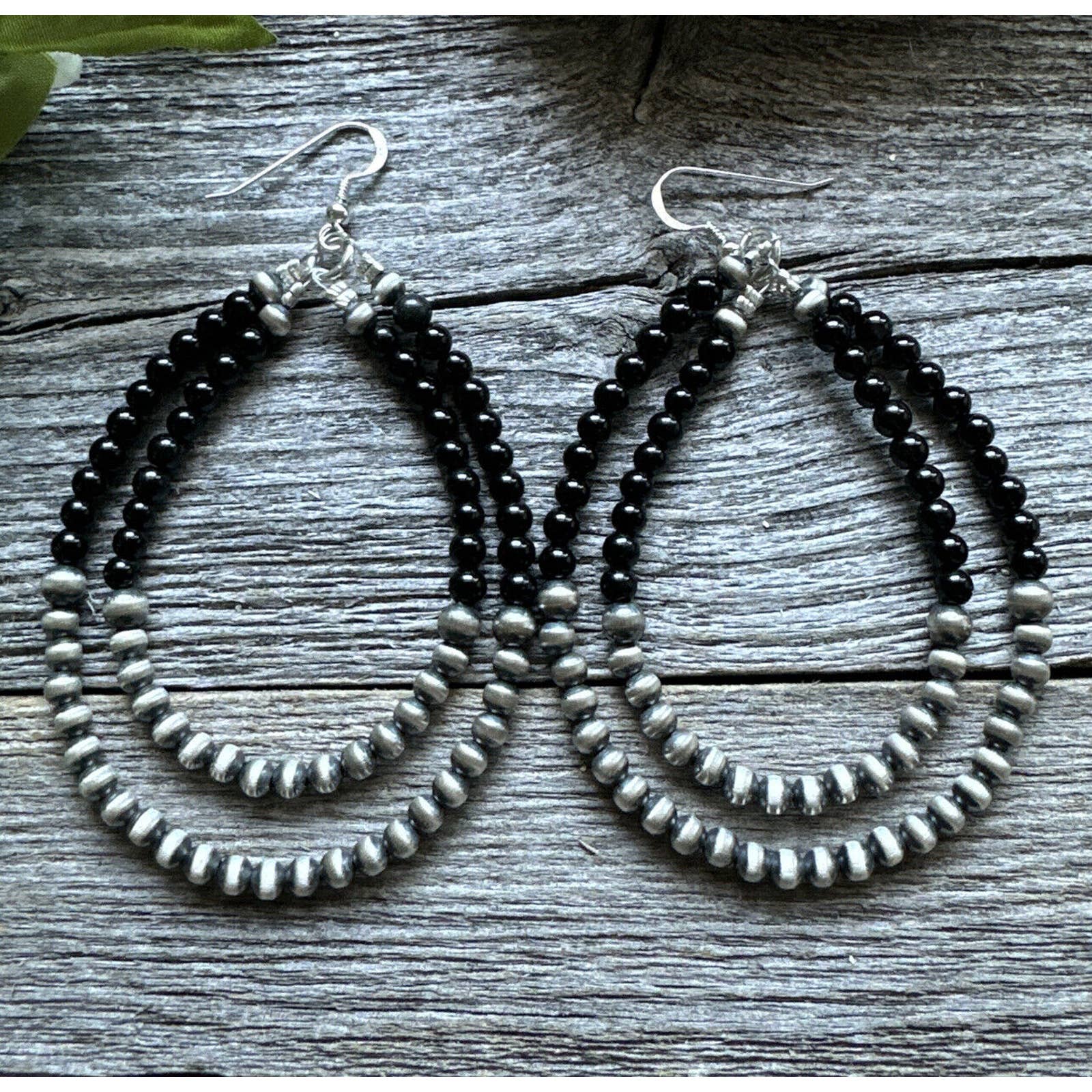 Sterling Silver Double Loop Black Onyx Pearls Hoop Earrings.