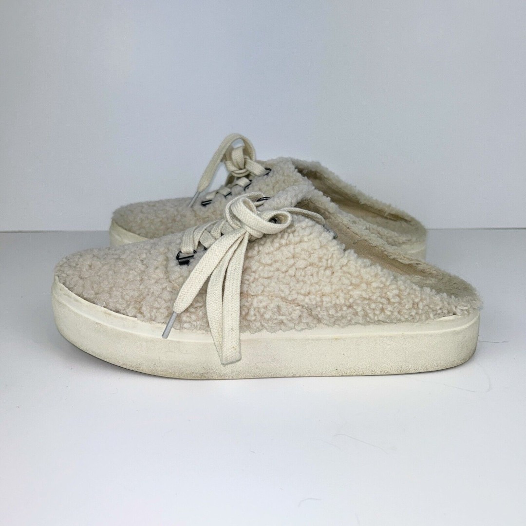 Lucky Brand Tolini Sneakers Faux Fur Sherpa Slip On Backless Cream Shoes Women 8