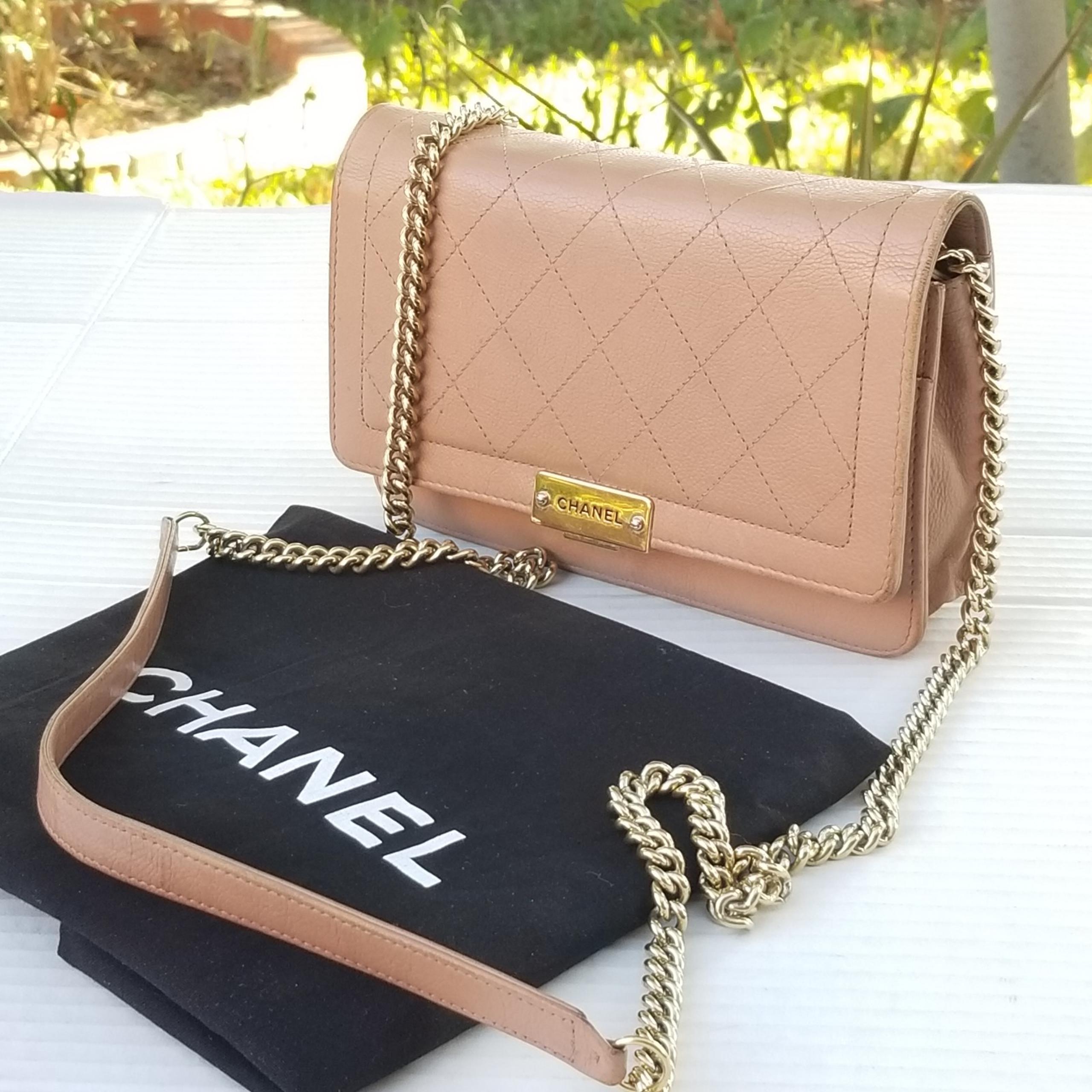 CHANEL Timeless Grained Calfskin Quilted Label Click Flap Wallet On Chain WOC