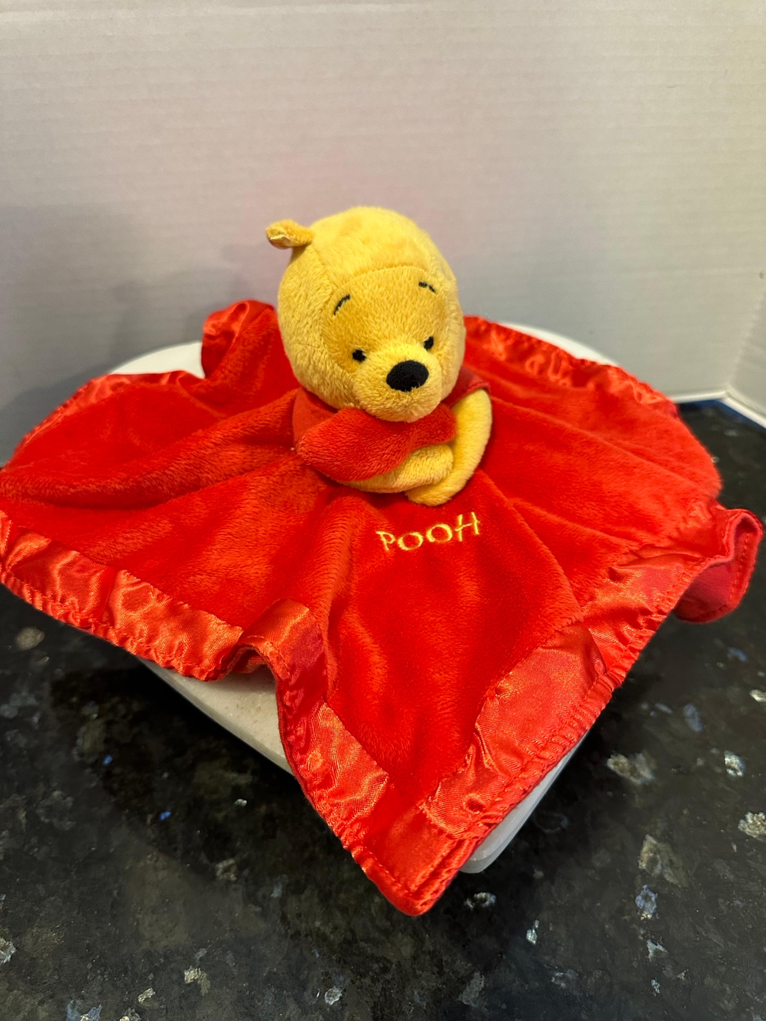 Disney Pooh Lovey Security Blanket Rattle Plush Toy Red Yellow Satin Trim