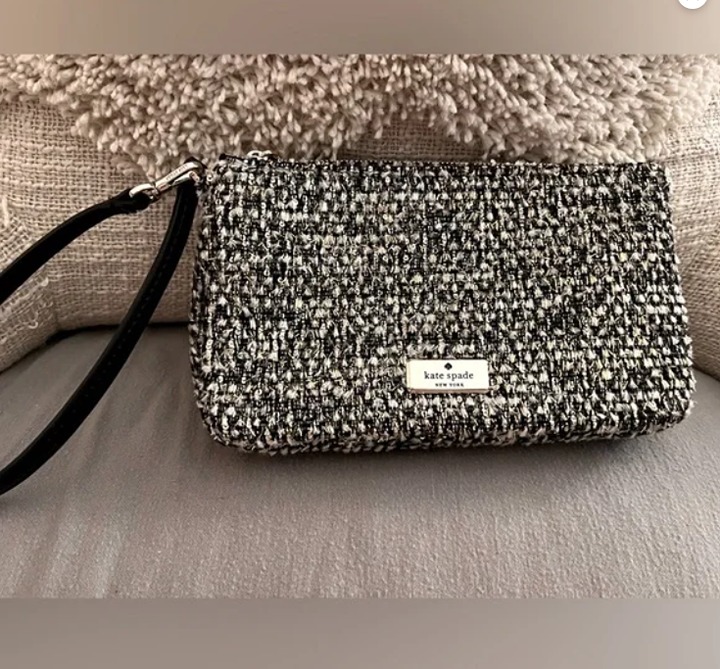 Kate Spade Tinsel Kiki Tweed Convertible Wristlet Wallet Clutch Black Gold Silve