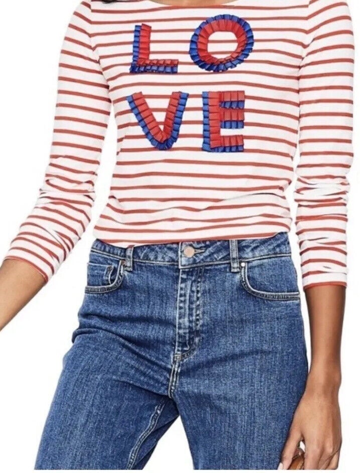 Boden Womens Striped Long Sleeve LOVE Shirt Size 18 Red White Blue Cotton