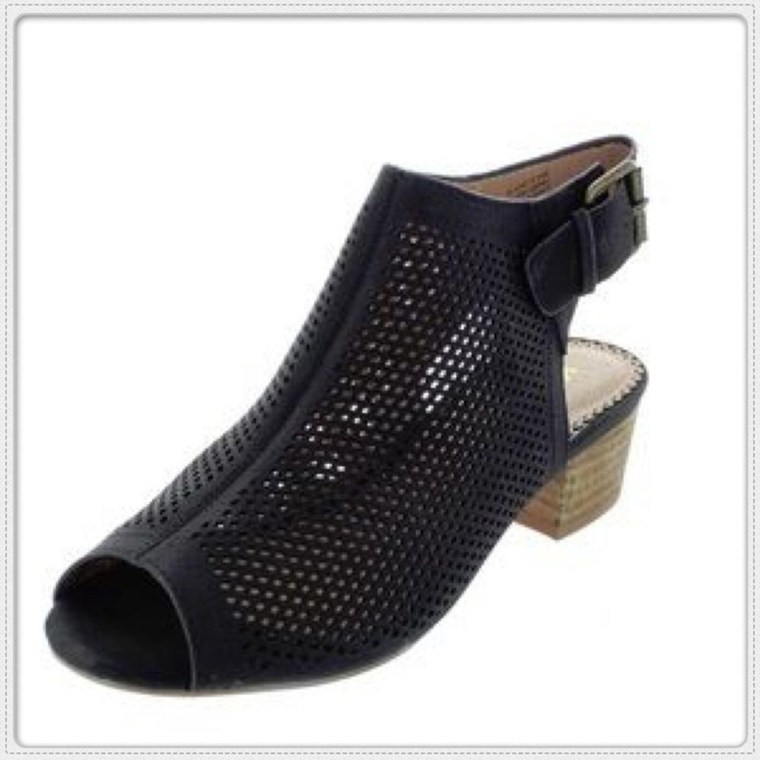 Restricted Perforated Black Slingback Stack Heel Sandals, Size 7
