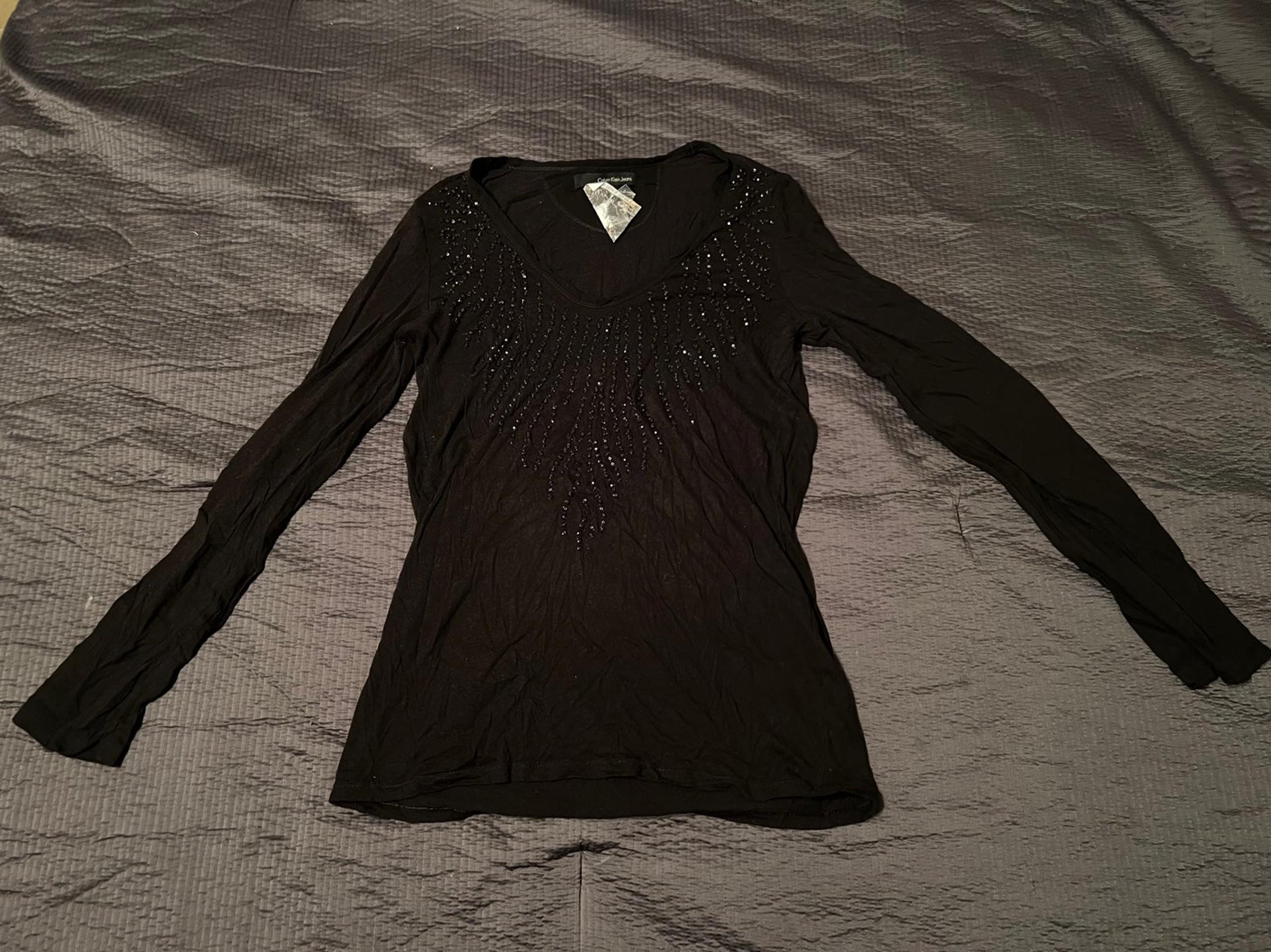 Calvin Klein Black Rhinestone long sleeved top small excellent!