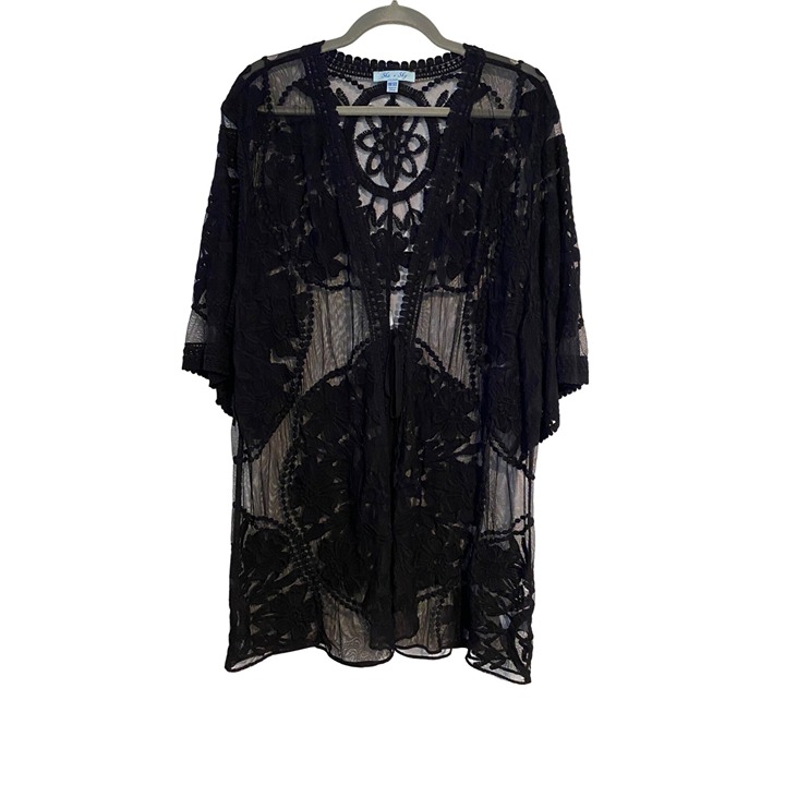 She + Sky Black Sheer Embroidered Lace Cardigan Cover-Up Open Front One Size