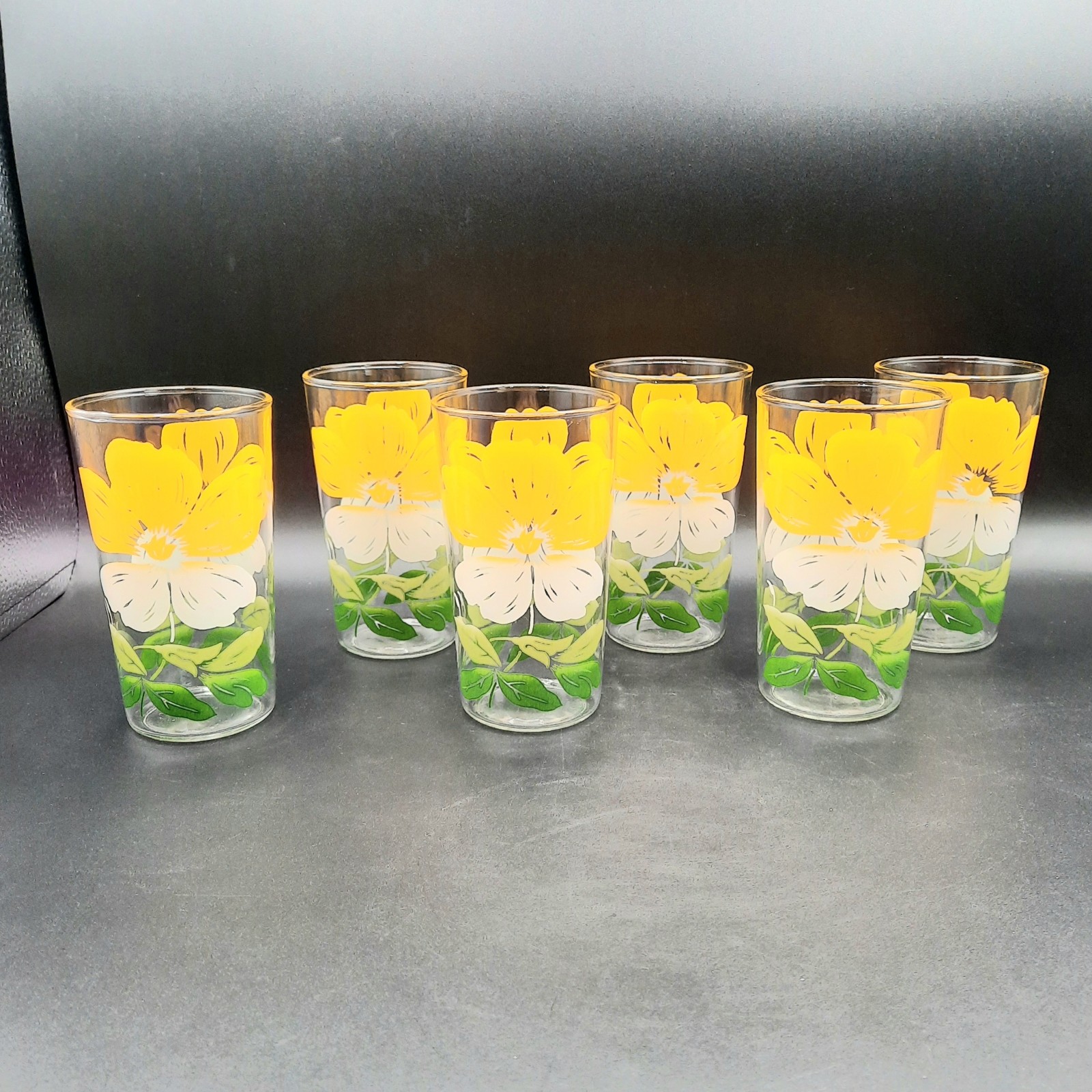 Vintage Drinking Juice Glasses Yellow & White Flowers Set of 6