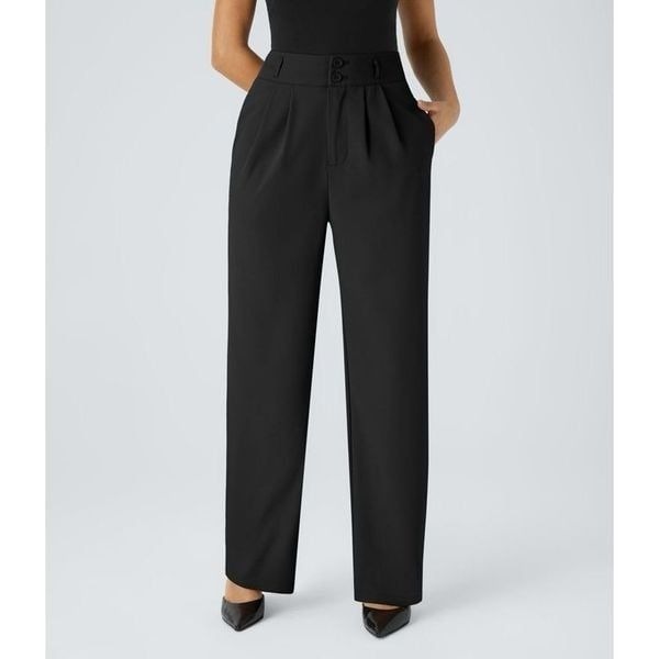 Halara High Waisted Button Zipper Side Pocket Shirred Straight Leg Work Pants S