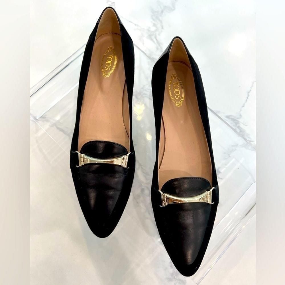 TOD’S mixed media black leather & suede pointy toe flats loafers size 40
