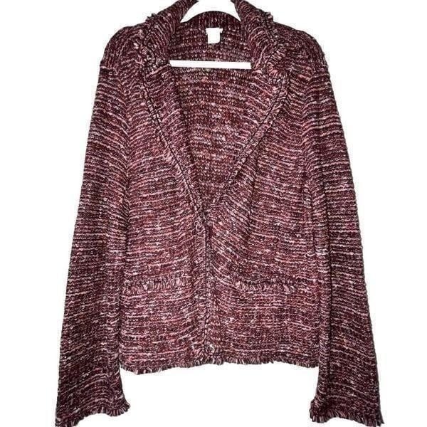 Chicos Jacket Sz 3 Pink Large Tweed Fringe Multicolor Knit Classic Casual Office