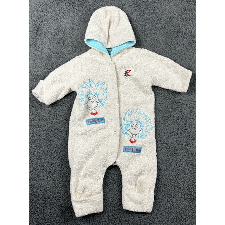 Dr. Seuss Baby 6m Outfit Coverall Hooded Sherpa Bunting White Blue Hat Thing 1 2