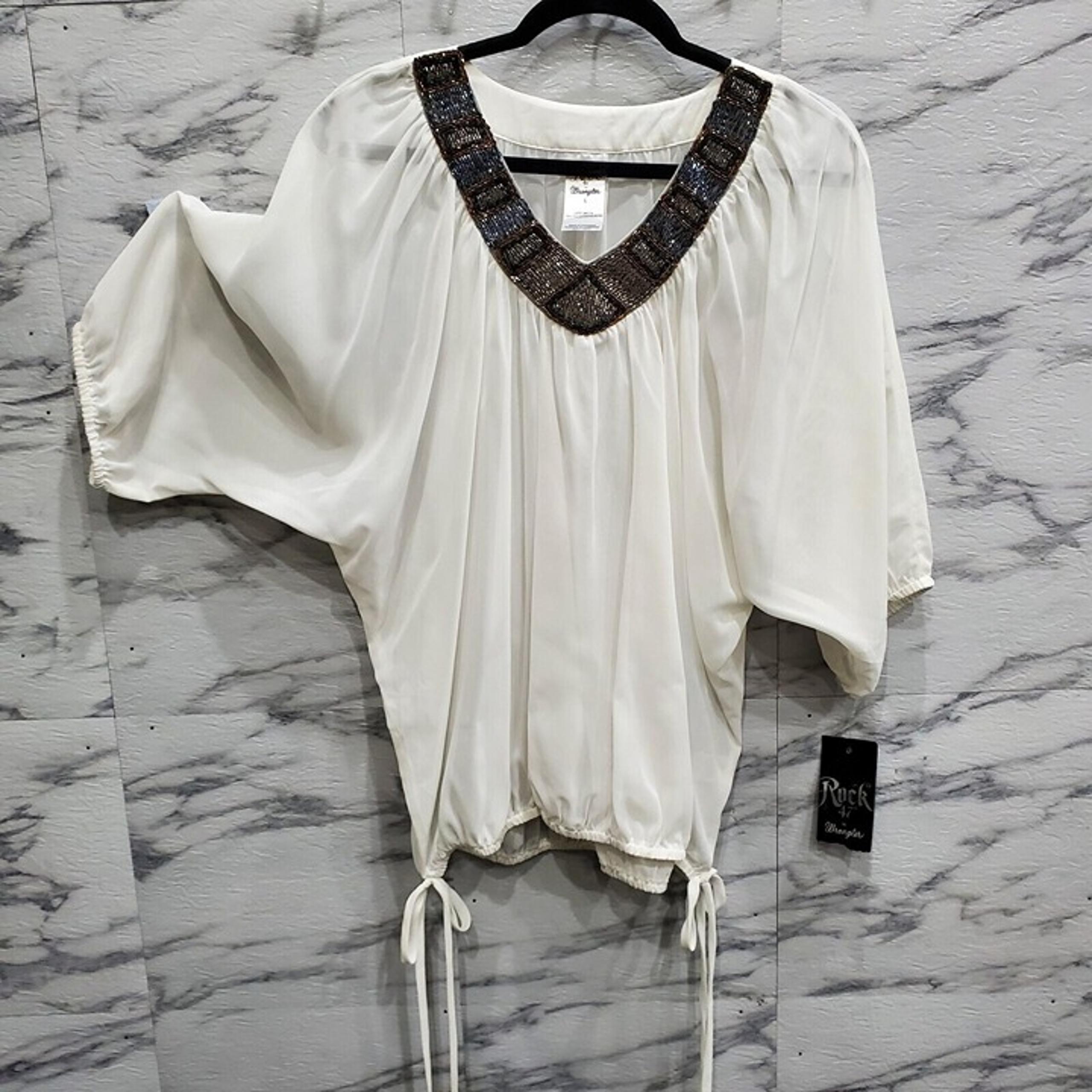Rock 47 Wrangler Blouse Women Size L White Sheer w Black Gold Beaded V Neck