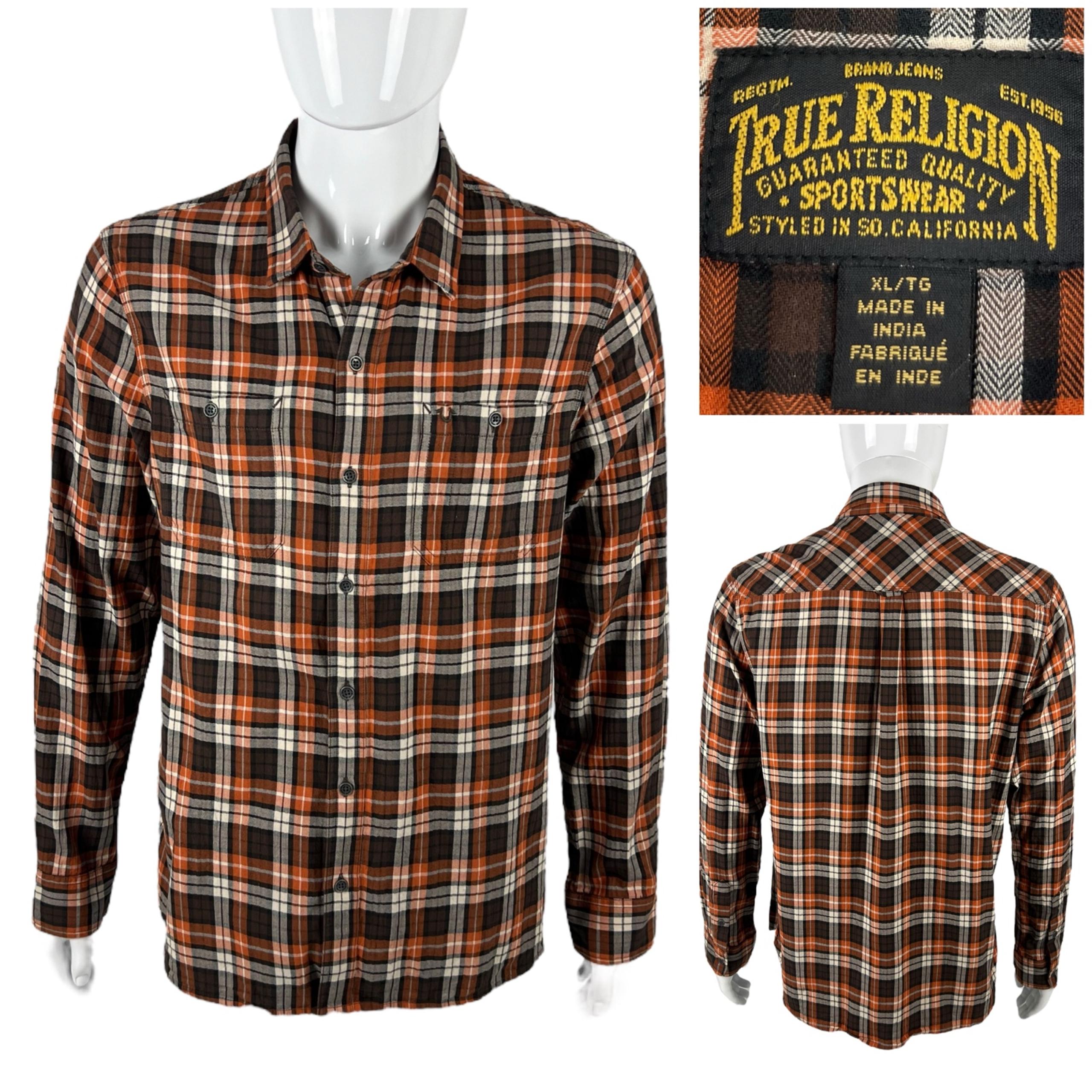 True Religion Mens XL Shirt Button Front Plaids Orange 100% Cotton Pockets EUC