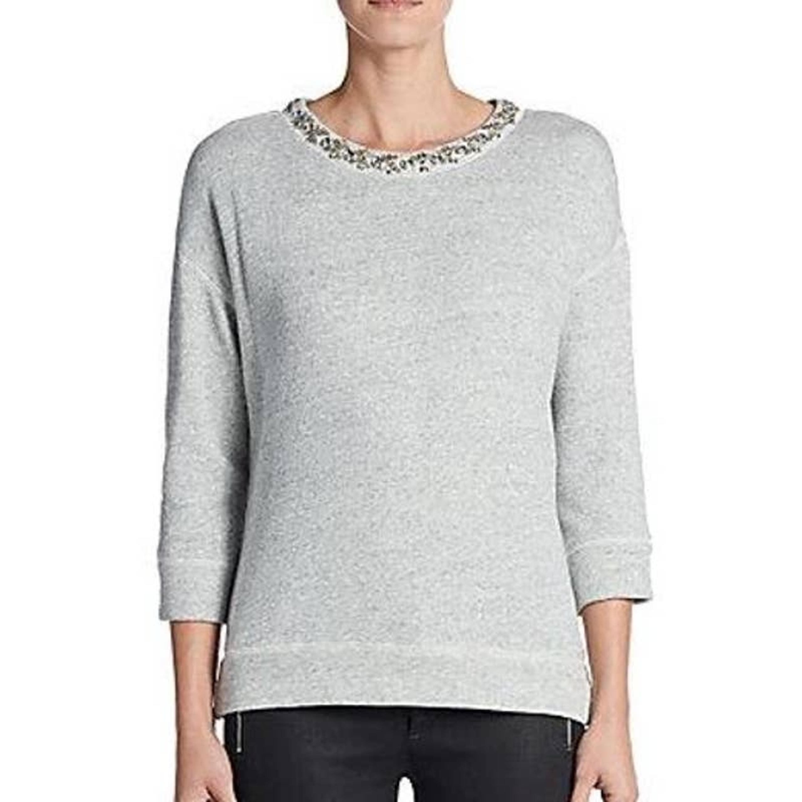 Rebecca Taylor Womens Beaded Crew Neck Sweater Top 3/4 Sleeve Size XS Gray