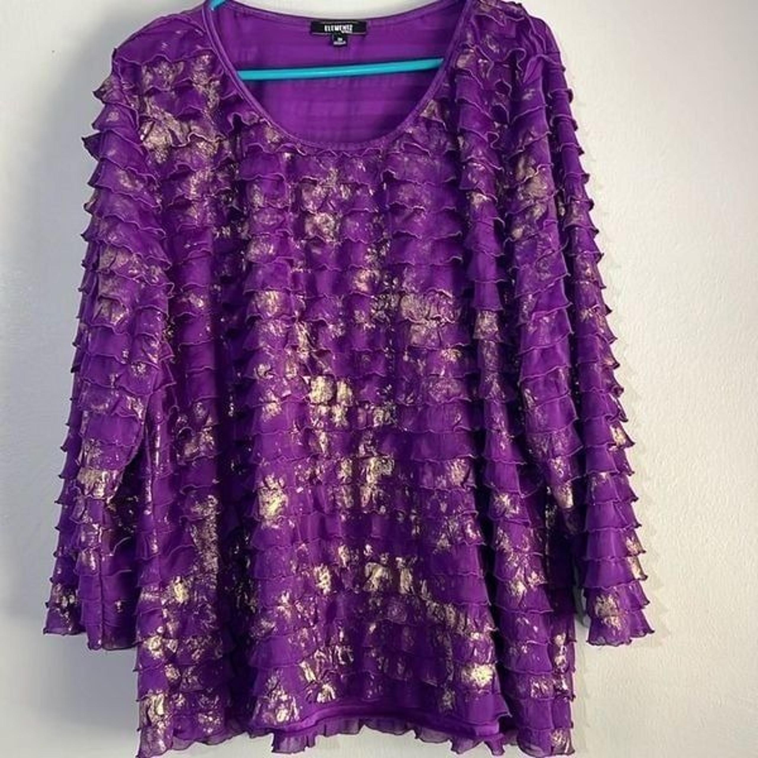 ELEMENTZ Womens Size 3X Tiered Ruffle 3/4 Sleeve Stretch Blouse Purple