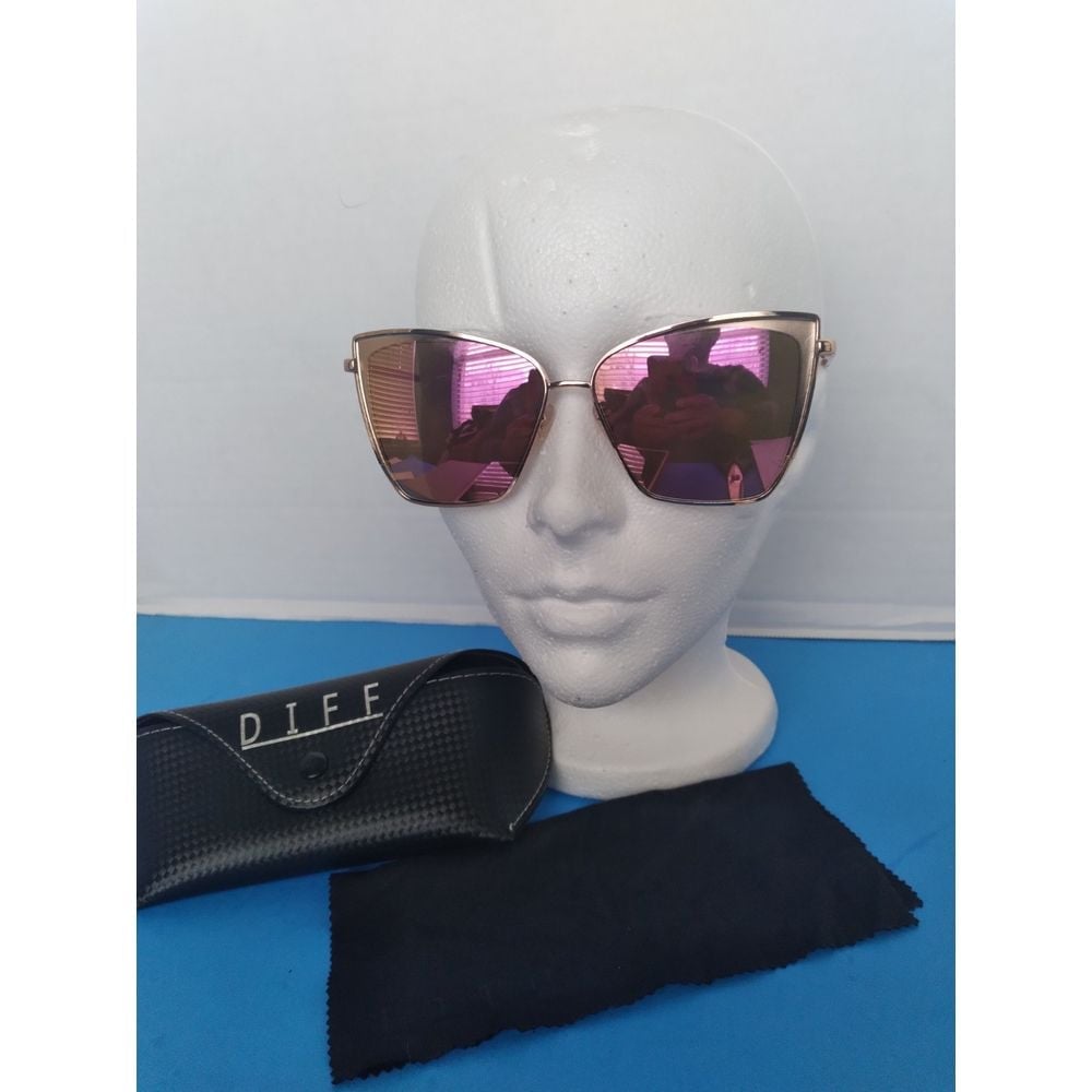 DIFF Eyewear Rose Gold Cat Eye Sunglasses Purple Mirror Lenses Designer Shades