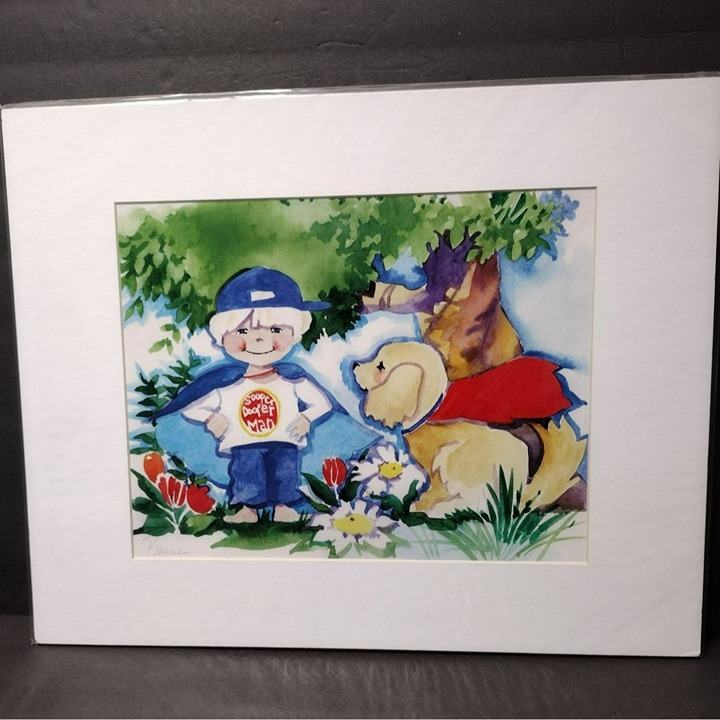 Signed Art Print by Diana Barnes, Matted Watercolor Artwork, Superman Boy & Dog