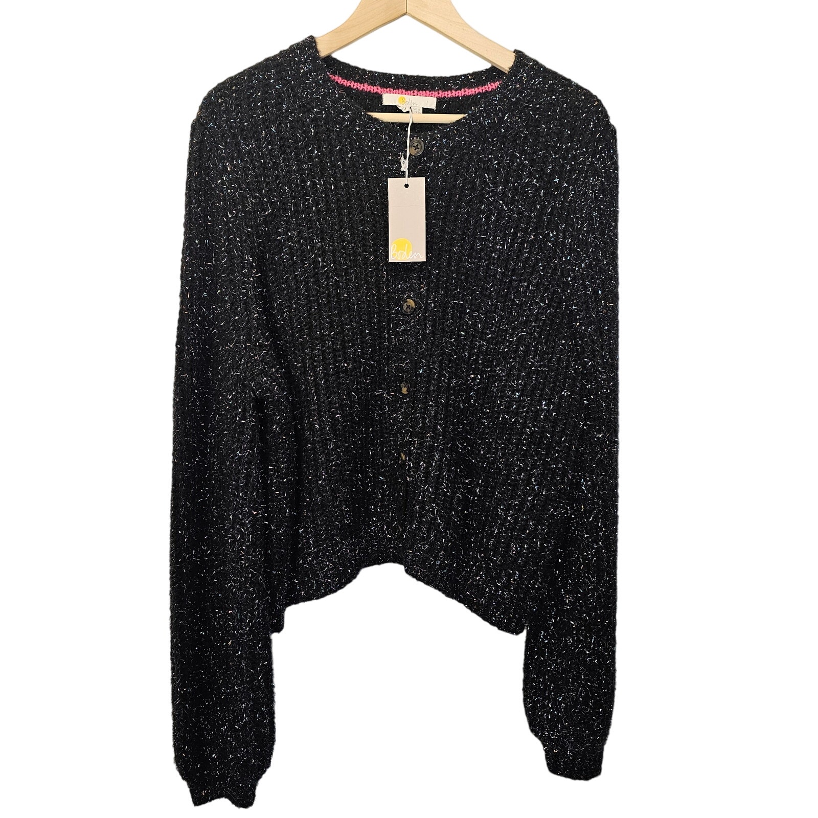 Boden NWT Black Metallic Sparkle Ribbed Fuzzy Chunky Button Cardigan Size US 14