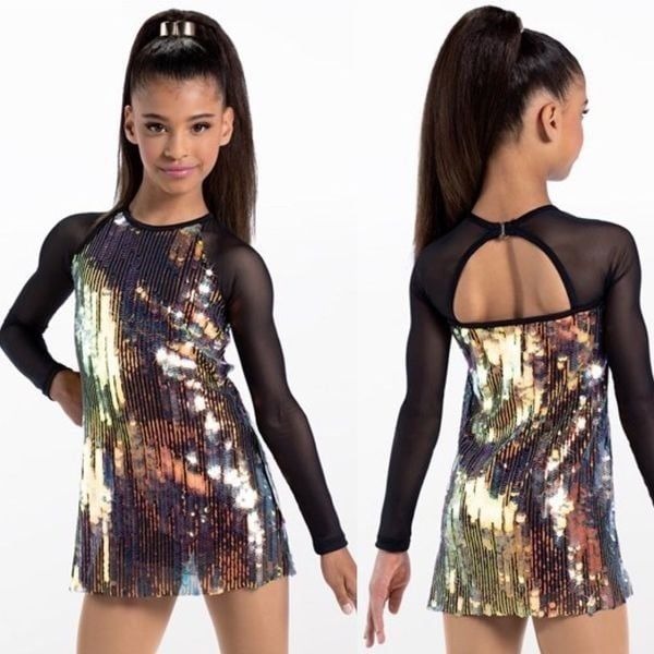 WEISSMAN Dance Costume shift dress Long sleeve black gold sequin Cool 14452 XLC