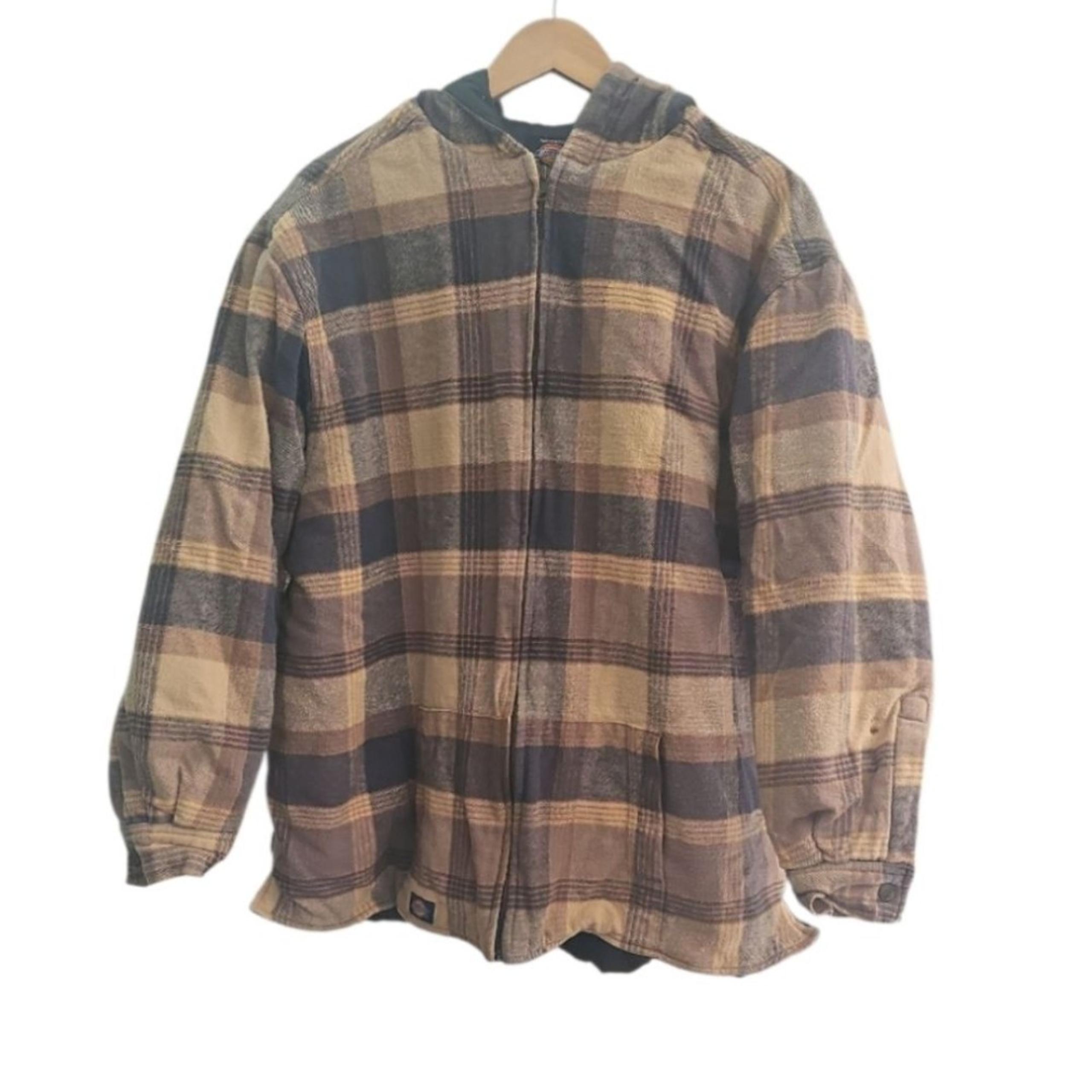Dickies Vintage Plaid Flannel Quilted Jacket Brown Blue Checkered Zip-Up Sz XL