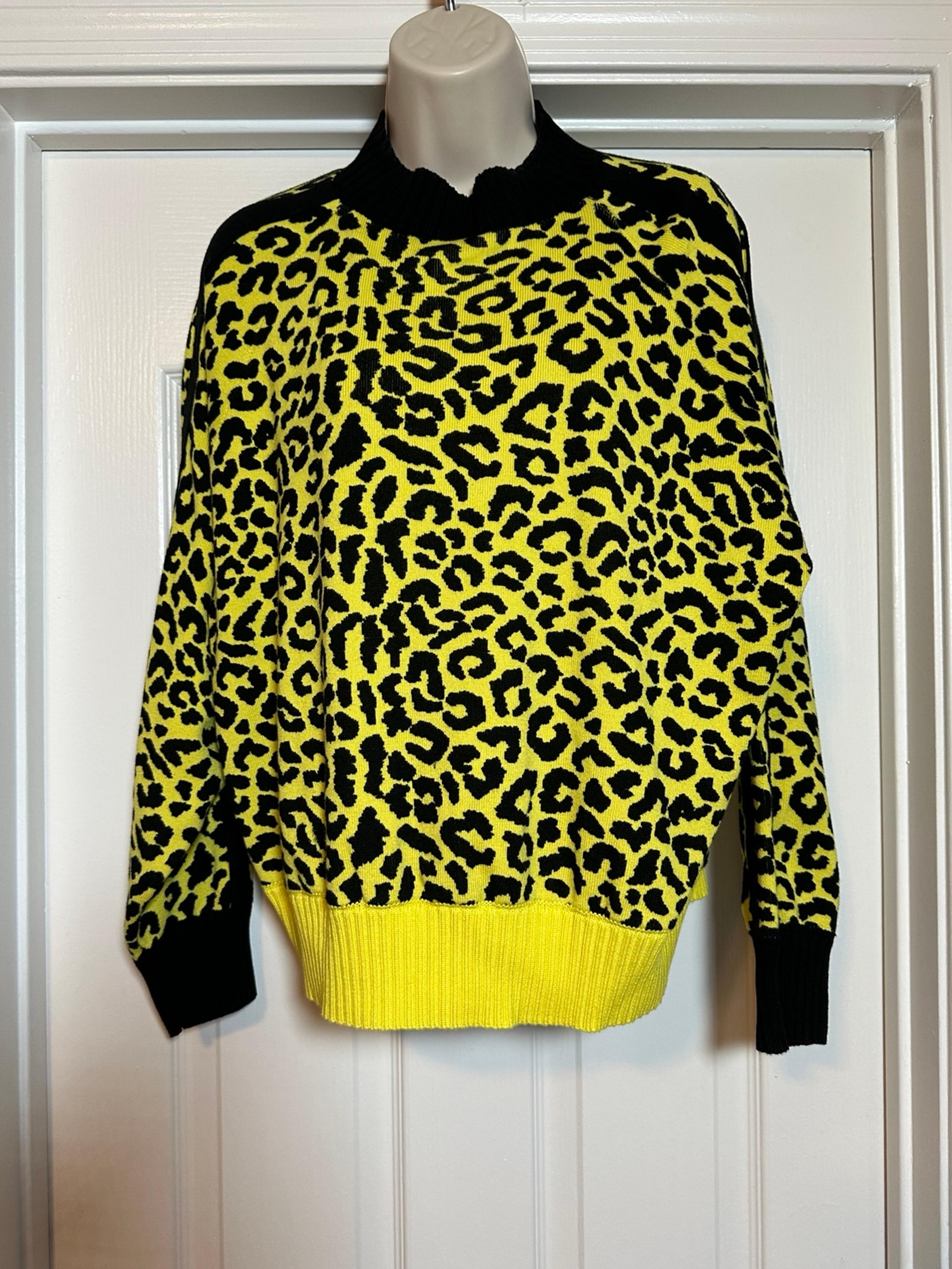 Designer Central Park West Neon Yellow Leopard Print Ribbed Crewneck Sweater
