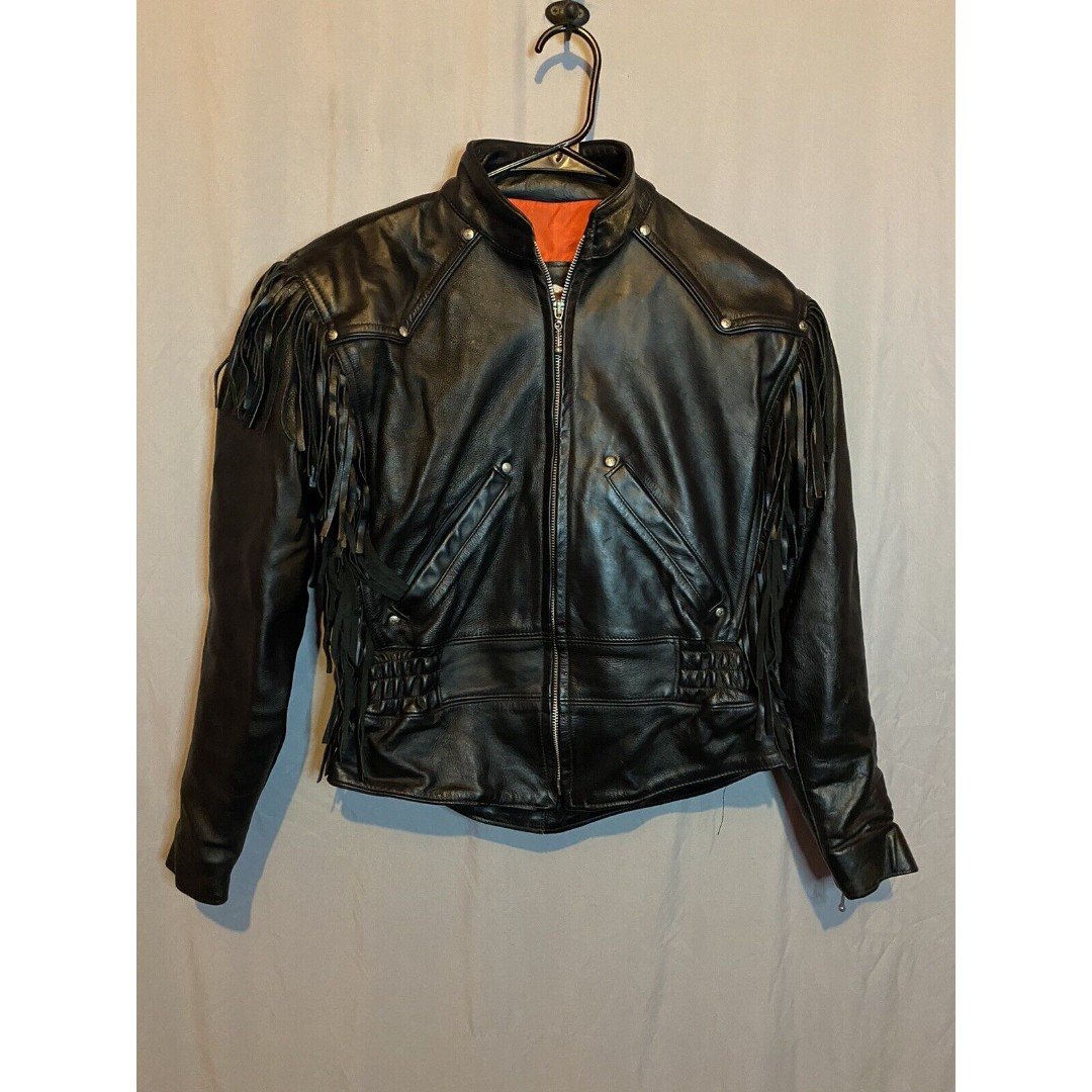 Vintage Harley Davidson Leather Jacket Womens Black Fringe Concho Biker USA XS