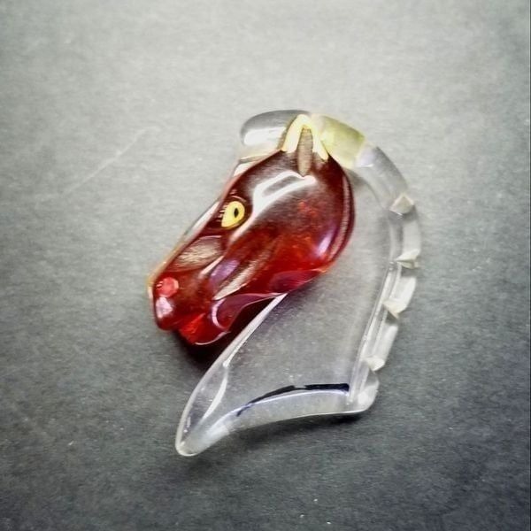 Vintage Antique Bakelite Lucite Carved Figural Horsehead Painted Brooch Pin