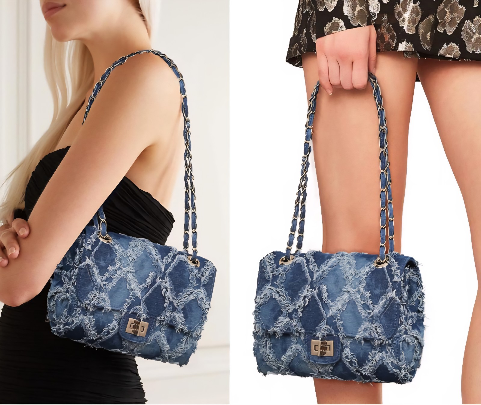 NEW MKP M Marco Quilted Crossbody Distressed Blue Jean Denim Purse Chain Strap