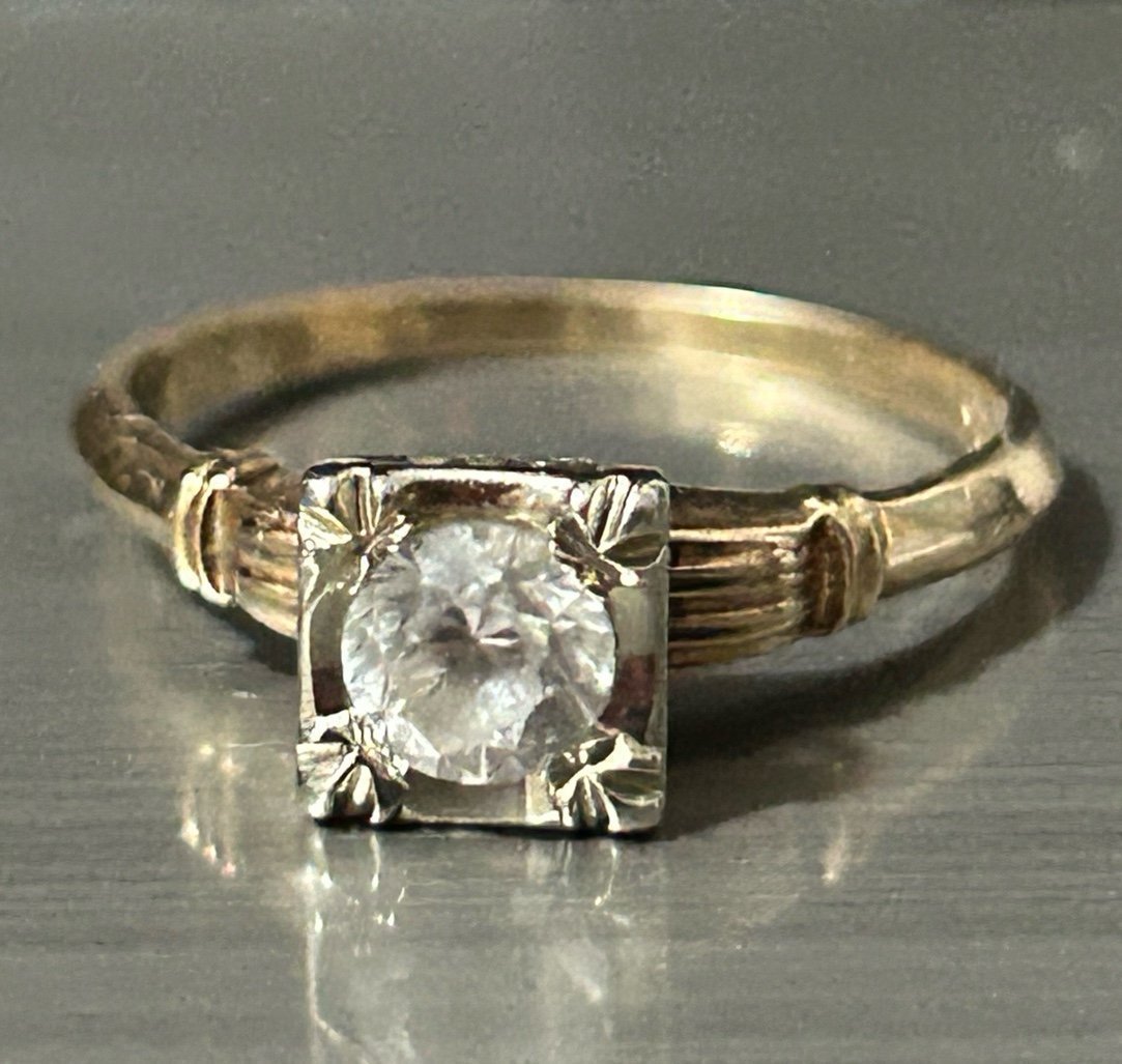 Antique 10k yellow gold white gold 2 tone clear sapphire art deco wedding ring