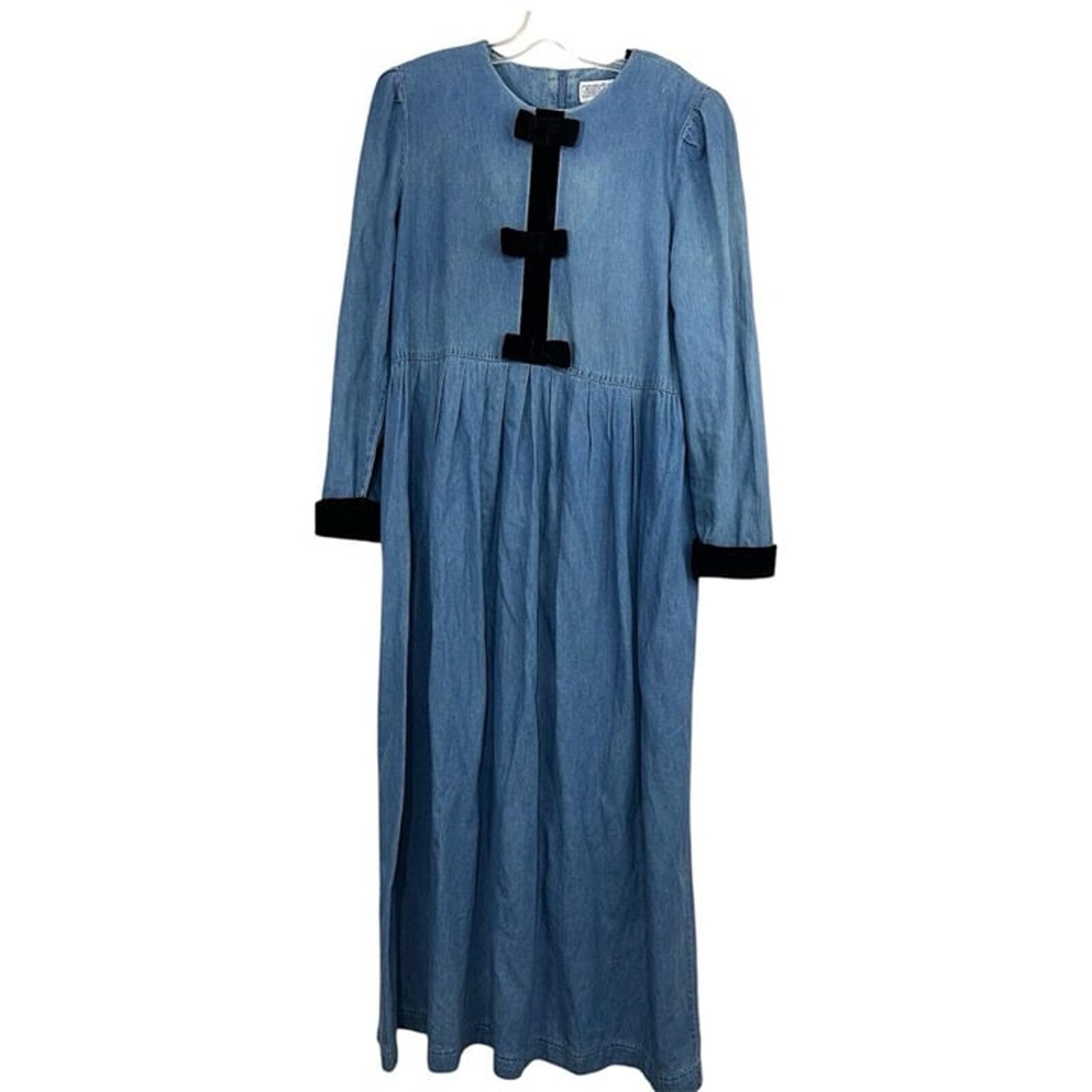 Vtg 90s Denim Maxi Dress Sz 10 Blue Long Black Velvet Bows Modest Cottagecore