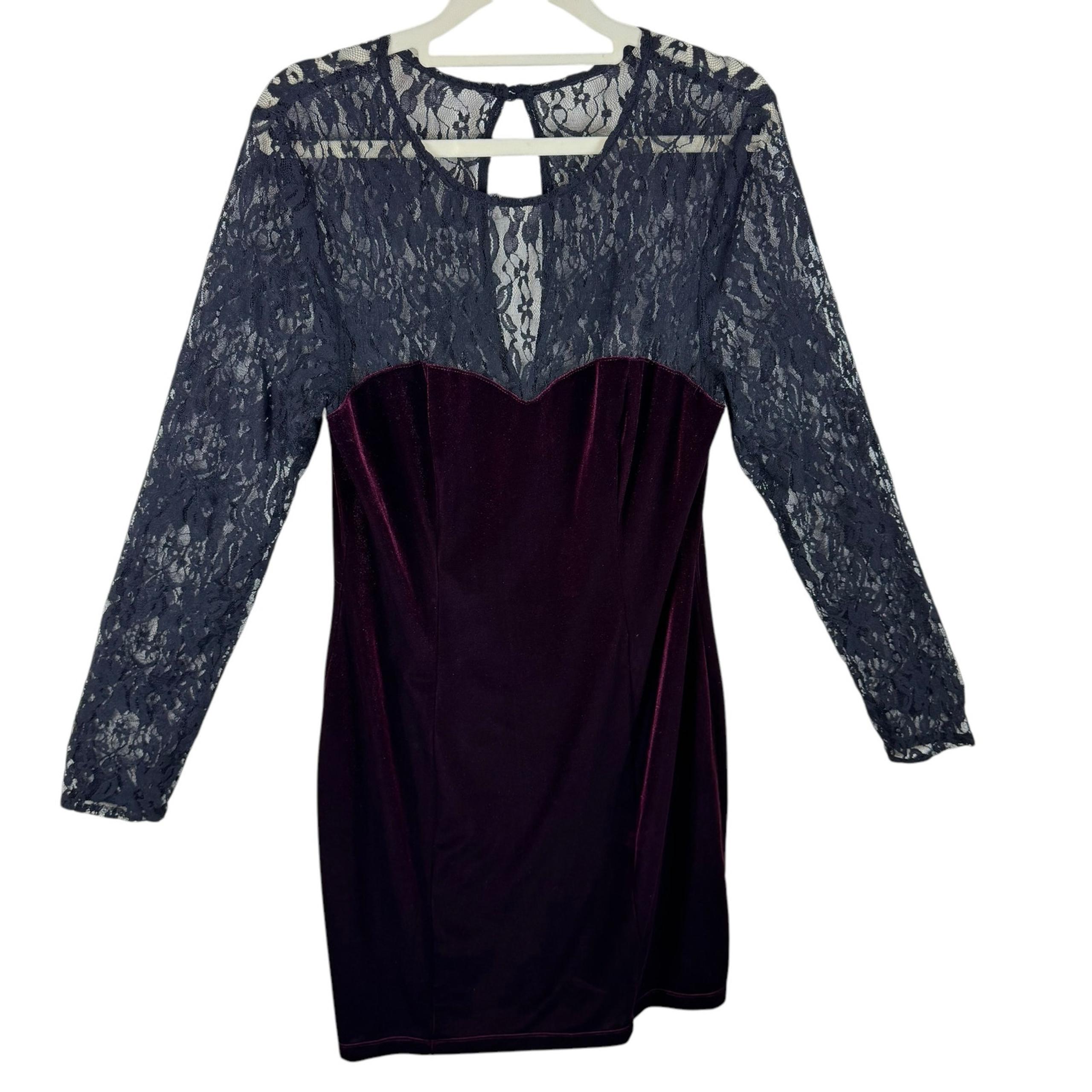 Bisou Bisou Burgundy Velvet Black Lace Long Sleeve Knee Length Sheath Dress 12