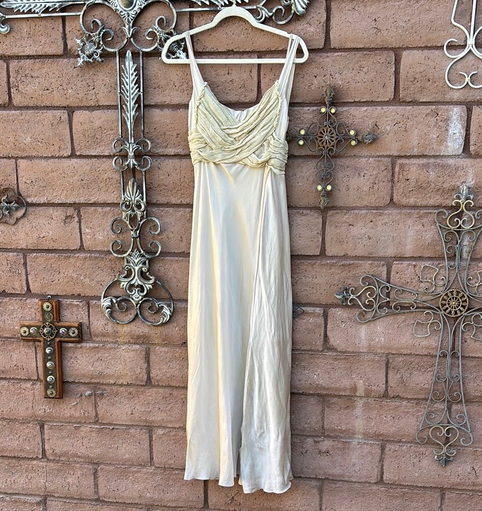 Donna Karen Antique Pongee Silk Slit Slip Gown Maxi Dress Distressed Size 10