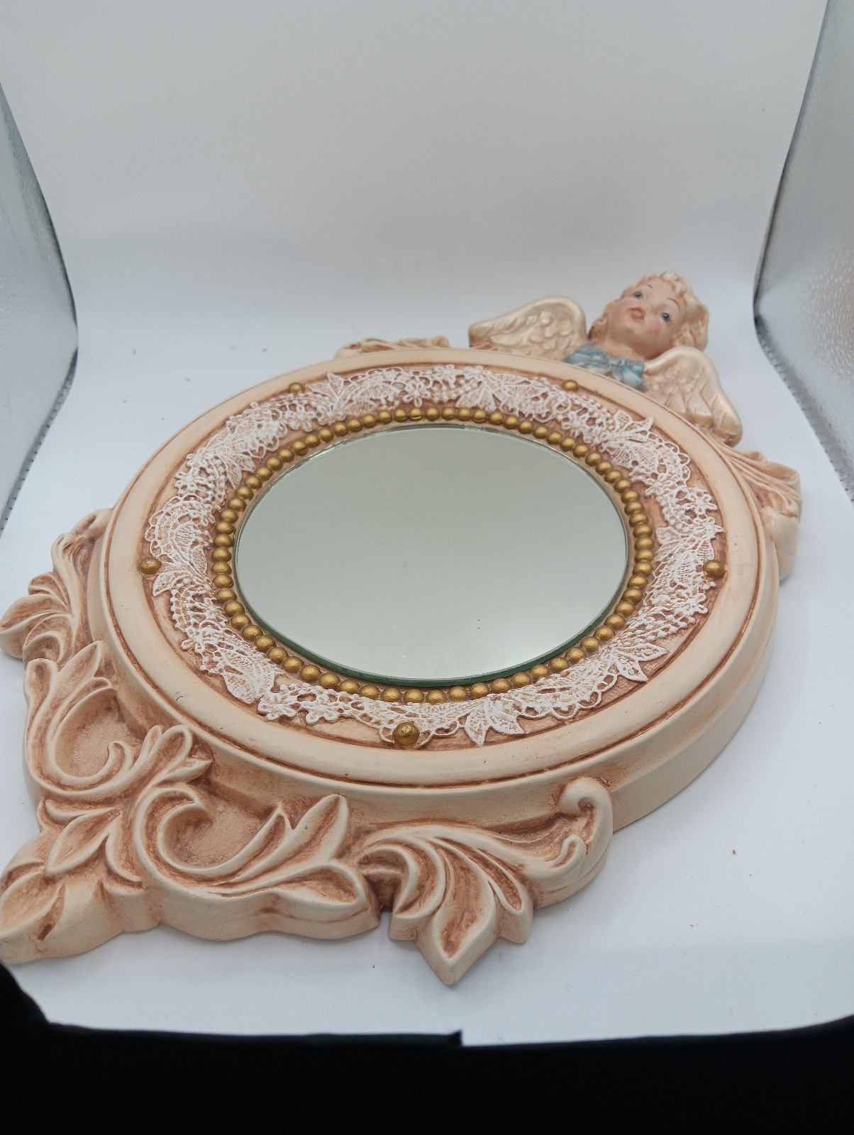 Cherub Wall Mirror Ceramic Scioto Vtg Raised 3D Wreath Circle Angel